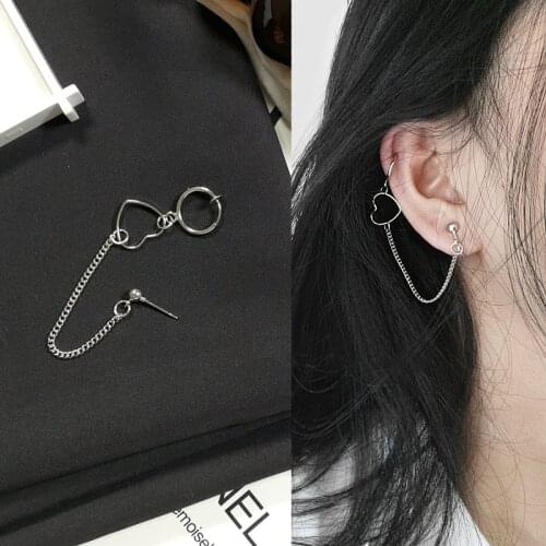 1 pair Asymmetry Hollow Heart Pentagram Dangle Earrings For Women Punk Long Chain Clip Circle Dangle Earrings Jewelry