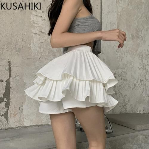 KUSAHIKI Double Ruffle Women Shorts Causal High Waist Fashion Sweet Bottoms 2021 Summer New Korean Short Feminimos 6G900