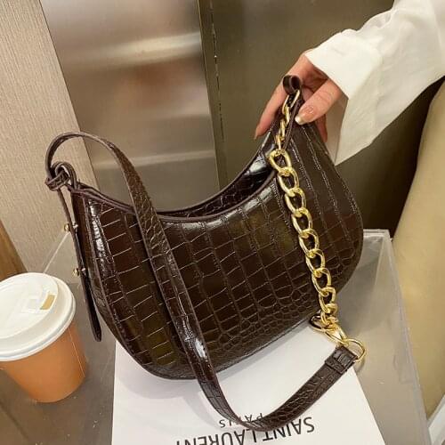 Vintage Alligator Pattern Shoulder Bag Female PU Leather Half-moon Bag Fashion Chains Crossbody Bag Designer Armpit Bag Purse