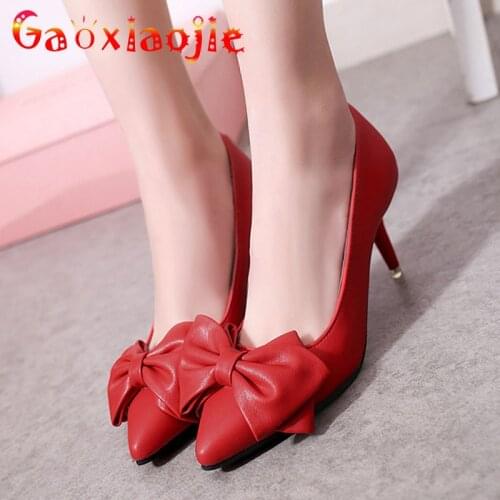 Black Basic Concise Office Women Pumps New Sexy Pointed End Red Wedding Bride High Heel Shoes Comfortable 7.5CM Bow Stilettos