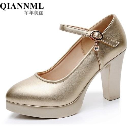 QianNML Brand Womens Split Leather Shoes 2021 5.5 8.5 11cm Breathable High Heels Pumps Women single Shoe gold 33 34 41 42 43