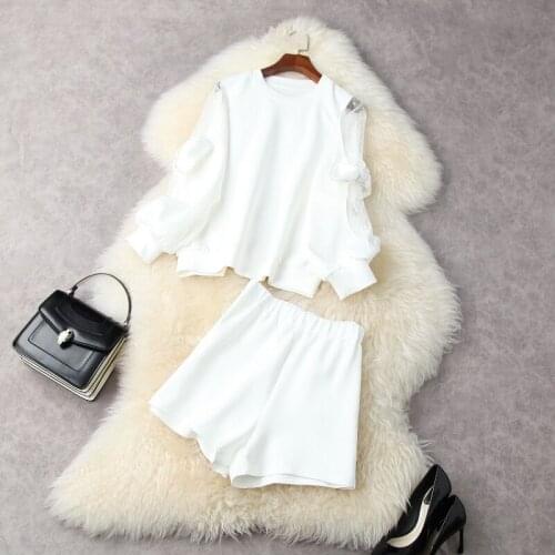 Spring 2021 Long Sleeved Beaded Bow Hoodie Shorts Fashion White Suit European and American Womens Wear