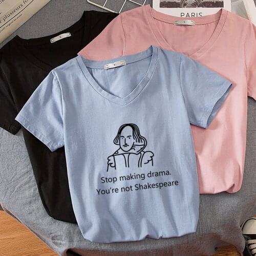 2020 New Arrival Womens Candy Color T Shirt V Neck Shakespeare Harajuku Funny T Shirt Grunge Ulzzang Short Sleeve Basic T-Shirt