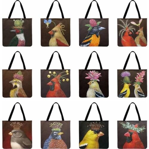 Women Beach Bag Painting Bird With Flower Printed Tote Bag Linen Febric Casual Tote Lady Shoulder Bag Foldable Shopping Bag