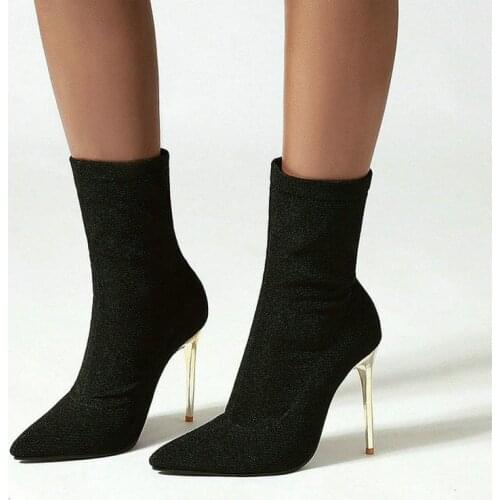 2021 New Stretch Fabric Women Ankle Boots Sexy Leopard Thin High Heel Pointed Toe Women Short Boots Slip on Ladies Stretch Boots