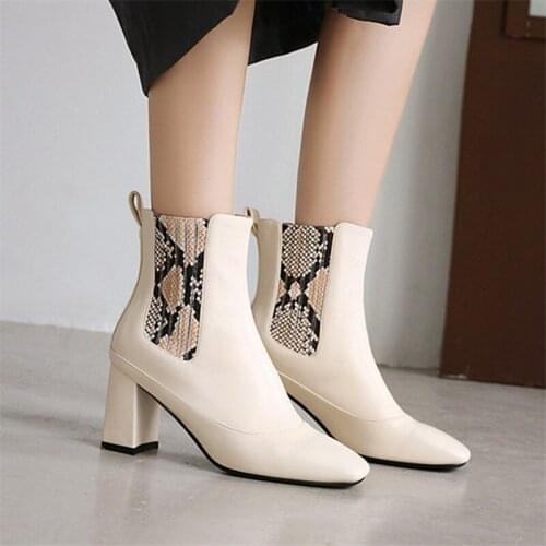 2021 Short Boots For Women Square Toe Thick Heel Patchwork Ankle Boots Shoes Solid Color Casual Ladies Footwear Size 32-43