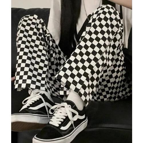 HOUZHOU Korean Fashion Black White Plaid Pants Women Harajuku Streetwear Wide Leg Checked Trousers For Female Oversized Baggy