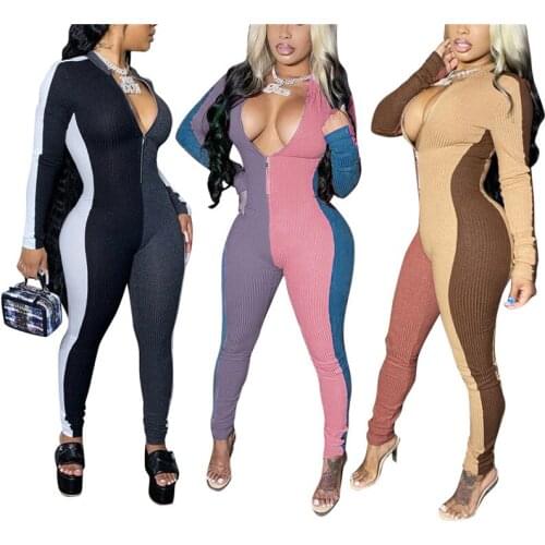 Workout Active Wear Ribbed Patchwork Romper Women Jumpsuit Zipper Biker Long Sleeve Fitness Bodycon Skinny Jumpsuit Playsuits