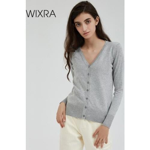 Wixra Women Solid Knitted Cardigan Sweater Autumn Winter Basic Casual V-Neck Long Sleeve Crochet Knit Sweater Coat Female Tops