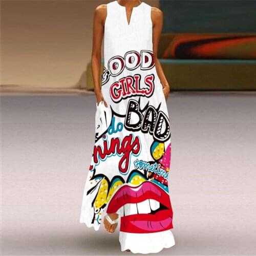 S-5XL Oversized Women Dress Maxi Vintage Sleeveless Elegant Long Dress Casual Print Dress Plus Size Vestidos Girls Dress Summer