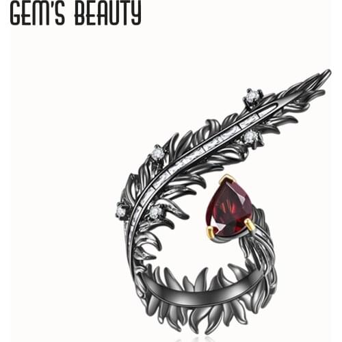 Gems Beauty 925 Sterling Silver Opening Ring For Women Adjustable Size Feather Garnet Anniversary Gift Jewelry Bijoux Birthday