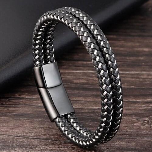 Simple Style Stainless Steel Chain Combination Leather Men Jewelry Easy Hook 3 Colors For Birthday Party Personality Gift