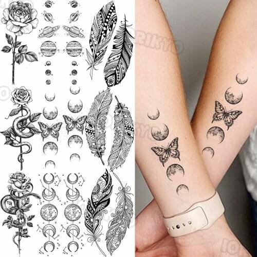 Black Butterfly Universe Temporary Tattoos For Women Girls Realistic Rose Flower Snake Feather Fake Tattoo Sticker Arm Tattoos