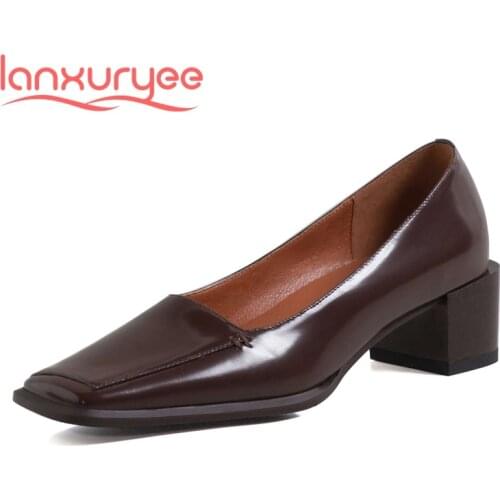 Lanxuryee 2021 spring new arrival patent leather square toe high heels concise style young lady casual slip on women pumps L28