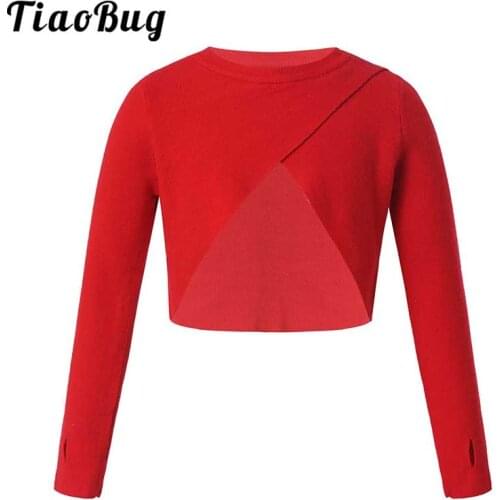 Kids Girls Solid Color Long Sleeve Knit Pullover Cardigan Cropped Sweater for Gymnastics Leotard Ballet Tops Training Dancewear