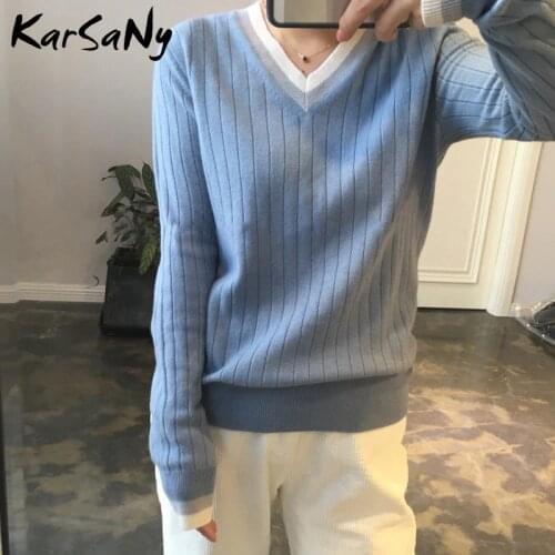Autumn V-neck Cashmere Sweater Women Vintage Jumper Blue Knitted Striped Sweaters For Women White Sweater Pullover Winter Warm