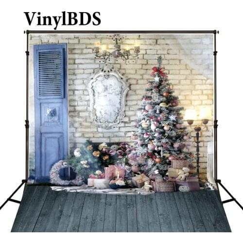 VinylBDS Christmas Backdrop Photography White Brick Wall Wood Floor Background Christmas Tree For Children Photo Studio Backdrop
