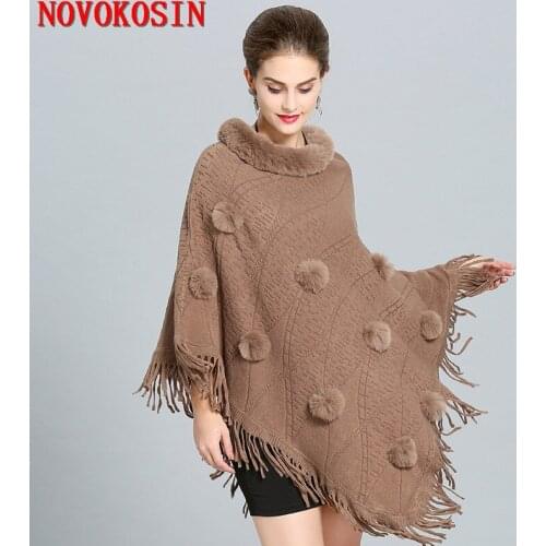 SC282 Women Capes Floral Poncho 2018 Winter Faux Fox Fur Shawl Knitted Triangle Tassel Sweater Plus Size Pullover Coat Fur Neck