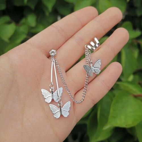 Lost Lady Korean Fashion Butterfly Earring for Women Statement Alloy Punk Hanging Chain Fake Cartilage Ear Cuffs Jewelry Gift
