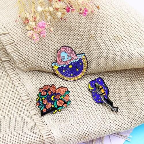 Dark blue Brooch dream starry sky Enamel Lapel Pin Pink hair woman Trunk flower diver Stars moon Custom Badge
