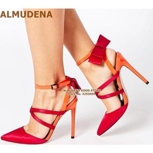 ALMUDENA Orange Red Silk Fabric Bowtie Pumps Stiletto Heels Buckle Strappy Wedding Shoes Satic Cloth Dress Pumps Size47 Dropship