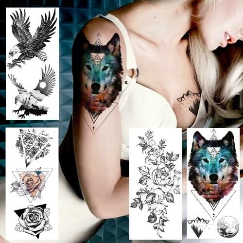 Geometric Wolf Temporary Tattoos Sticker Fake Planets Elk Flower Tattoos For Adult Creative Body Art Arm Waterproof Tatoo Decal