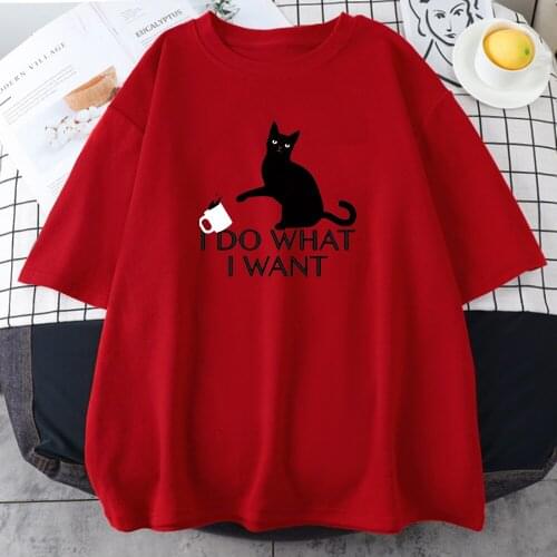 Black Cute Cat I Do What I Want Women Summer Casual Short Sleeves Tops Loose Women T-Shirt Street Harajuku Womens Tees 2021