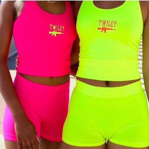 Letter 2 Piece Set Women Casual Neon Color Tracksuits Summer Streetwear Crop Top And Shorts Sets Fashion vest sexy Tight hot