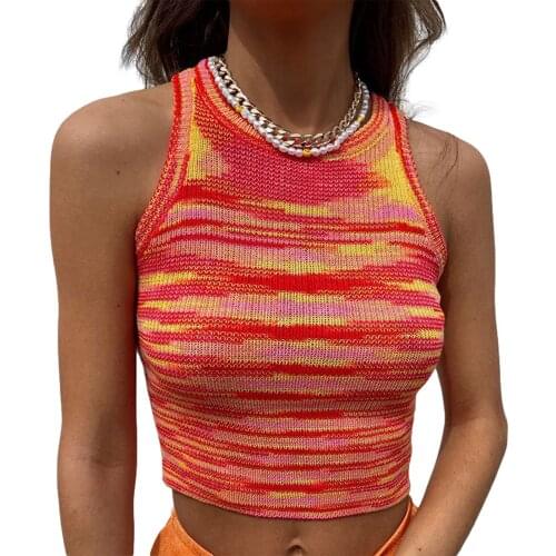 Women’s Causal Round Neck Vest Fashion Irregular Stripe Print Exposed Navel Sleeveless Tops 2021 New Fashion