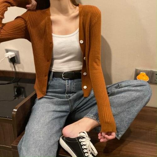 Womens Knitted Cardigan V-neck Button Thin Pure Color Short Long Sleeve Slim Sunscreen Top Wholesale Autumn New Female Clothing