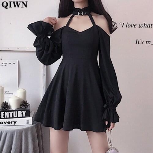 One Piece Gothic Girls Dresses New 2020 Autumn Sexy Off Shoulder Punk Mini Dress Female Chic Long Sleeve Hollow Out A Line Dress