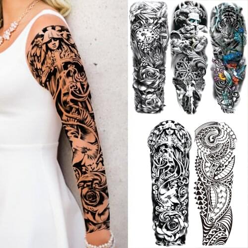 3D Christ Nun Cross Temporary Tattoos Sleeve For Women Men Fake Rose Tiger God Compass Tatoo Totem Full Arm Tattoo Sticker Large