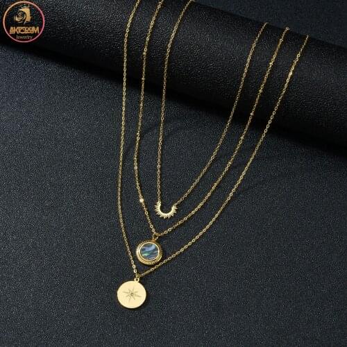 Akizoom Fashion Gold Color Sun Necklace Classical Design Three Layers Stainless Steel Multilayer Chains Necklace for Women Gifts