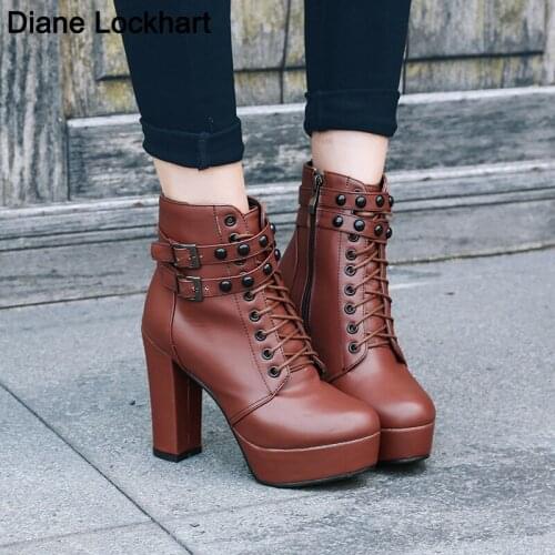 Plus Size Ankle Boots Women Motorcycle Boots Female Fashion Womans 11cm High Heel Mature Boot Vintage Buckle Casual Lady Botas