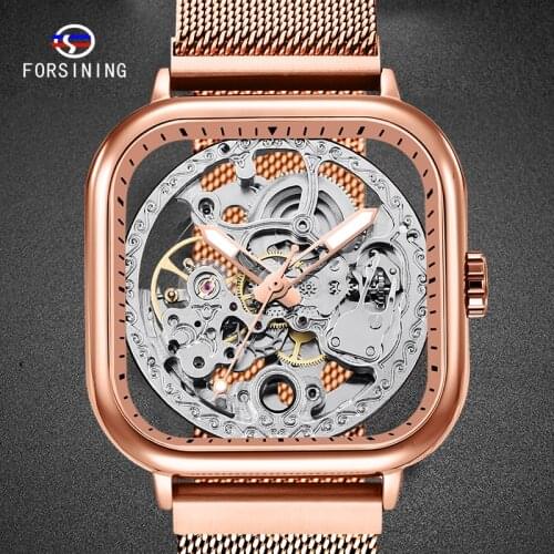 FORSINING Mens Clock Mesh Belt Top Fashion Rose Male Wristwatch Mechanical Hand Wind Male Watches relogio masculino Luminous