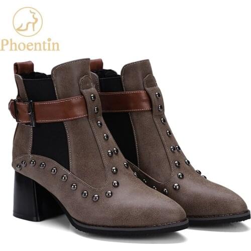 Phoentin black punk ankle boots women rivet high hoof heel casual shoes women plus size adjust buckle chelsea boots china FT282