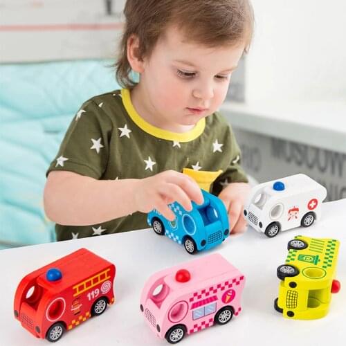 Kids Mini Wooden Car Vehicle Toys Fire Truck School Bus Sanitation Car Recognition Pull Back Car Wooden Toys For Kids