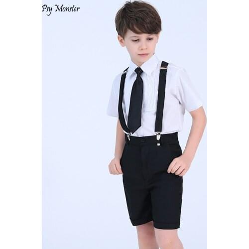 Flower Boys Formal Dress Suit Set Summer Children Bib Chorus Performance Wedding Costumes Kids Short Sleeve Shirts Shorts Strap