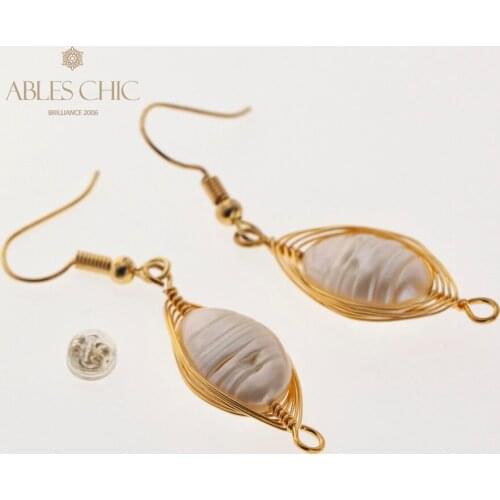 Handmade Long Oval Baroque Pearl Drop Earrings Gold Tone Wire Wrapping Chanderlier Earring Floral Women Classic Fine Jewelry
