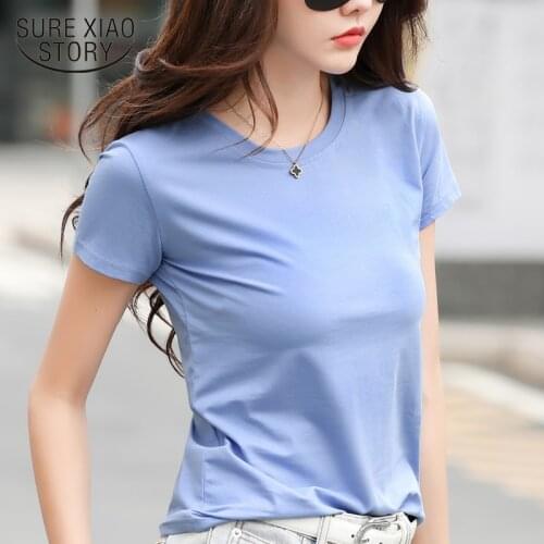 Simple Short Sleeve Tshirt Loose Tees Cotton Summer T-shirt Women 2021 New Base Shirt Casual Solid O-collar Plus Size 8838 50