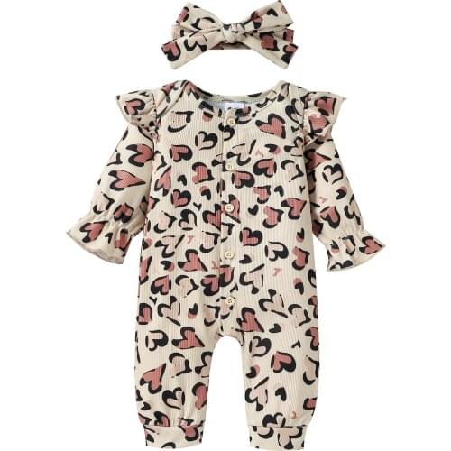 2021 0-18M Baby Girls Jumpsuit Fall 2pcs Heart Printing Long Sleeve Round Collar Flared Cuff Single-breasted Jumpsuit+Headband