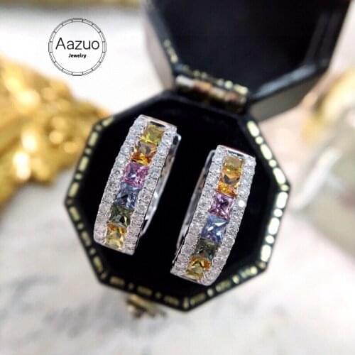 Aazuo 18K Jewelry Pure Solid White Gold Natural Coloured Gemstone Real Diamonds Fairy Round Hoop Earring gifted for Women Au750