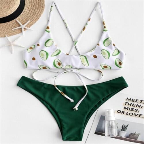 Summer Women Two-Piece Suits Swimwear Leisure Style Avocado Printing Lace Up V-neck Backless Bra+Thong Beach Swimsuit