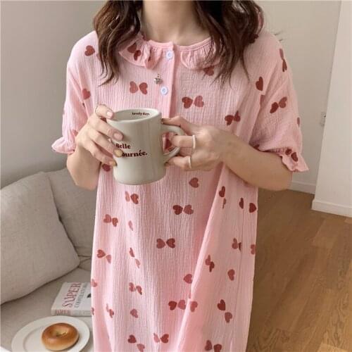 Heart Print Summer Nightgown Women O-Neck Ruffles Short Sleeve Cotton Loose Sleepwear Sweet Vintage Kawaii Homewear