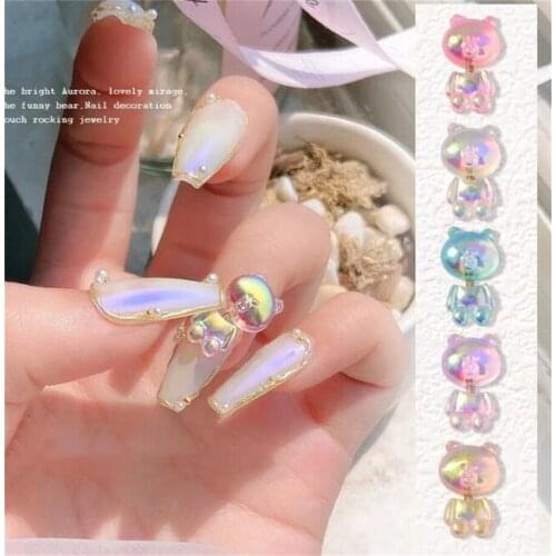 Cute Bear Resin Nail Art Decorations 3D Shaking Bear Fashion Nail Ornaments DIY UV Gel Glitter Aurora Manicure Accessories