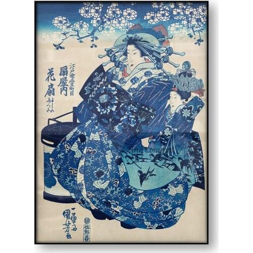 Ogiya uchi Hanaogi Utagawa Kuniyoshi Vintage Japanese Art Poster Ukiyoe Style Courtesan Woman Canvas Print Blue Flower Wall Art