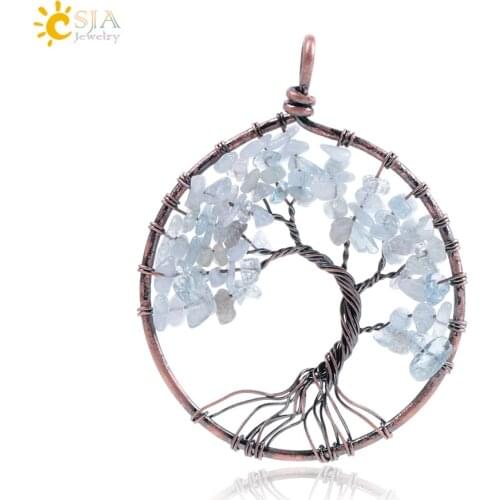 CSJA Tree of Life Necklace Pendant Natural Stone Chip Bead Handmade Wire Wrap Lapis Lazuli Opal Clear Crystal Women Jewelry E508
