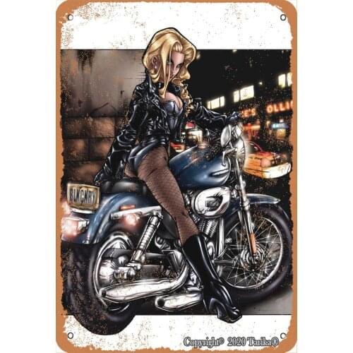 Sexy Lady On Motorcycle 20X30 cm Retro Look Metal Decoration Crafts Sign for Home Kitchen Bathroom Farm Garden Garage