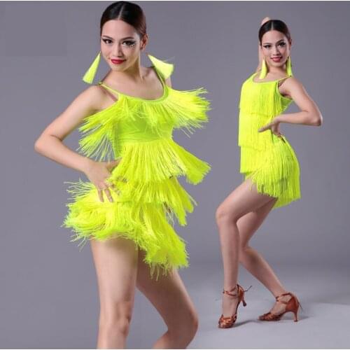 Girls Latin Dance Dress Adult Tassel Latin Ballroom Costumes Tango Samba Dance Dress Ballroom Fringe Dress Cha Cha Costumes