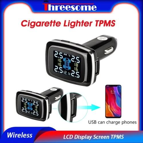 Cigarette Lighter TPMS LCD Display Screen USB Port Tire Pressure High Sensitivity Alarm System External/ Internal Sensors tpms